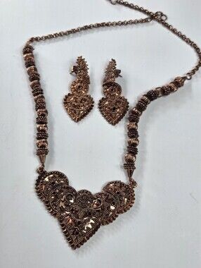 artisan Copper Tone Heart Necklace & Earrings Set indian wedding style textured